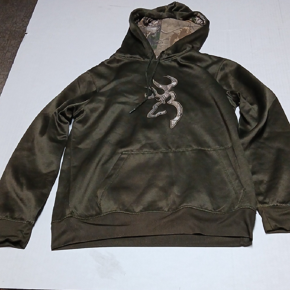 Browning Men's Hoodie Green w/ Camo Logo Drawstring Pullover w/ Pockets Size M